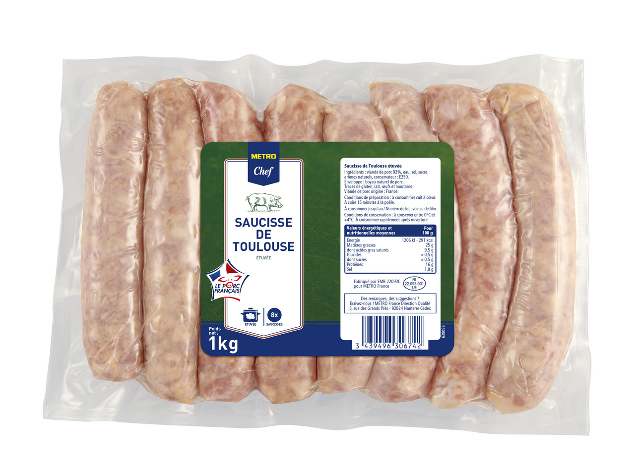 METRO Chef Saucisse de Toulouse étuvée 8 x 125 g