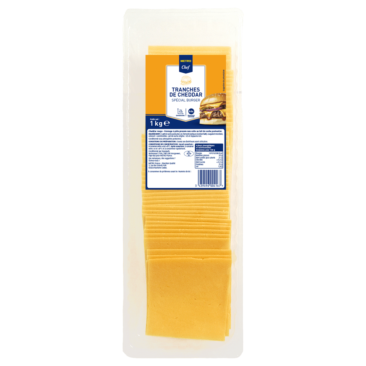 METRO Chef Cheddar tranches 9 x 9 cm 1 kg
