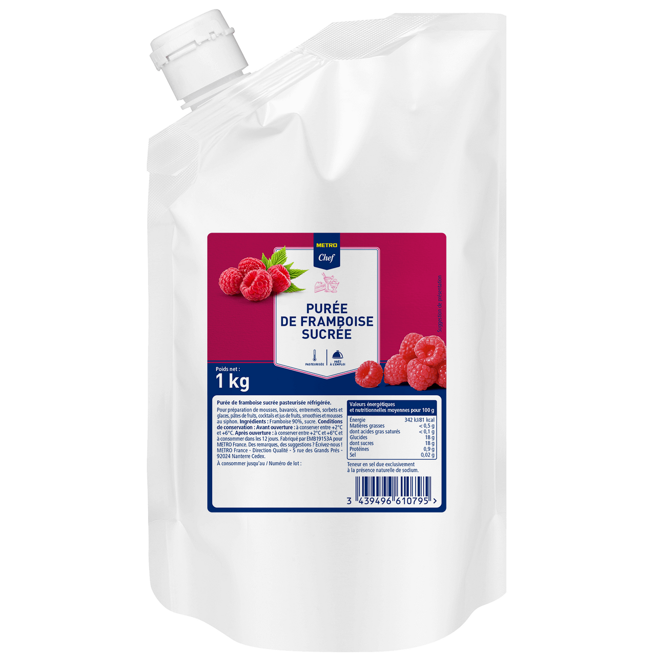 METRO Chef Purée de framboise 90 % sucrée pasteurisée 1 kg