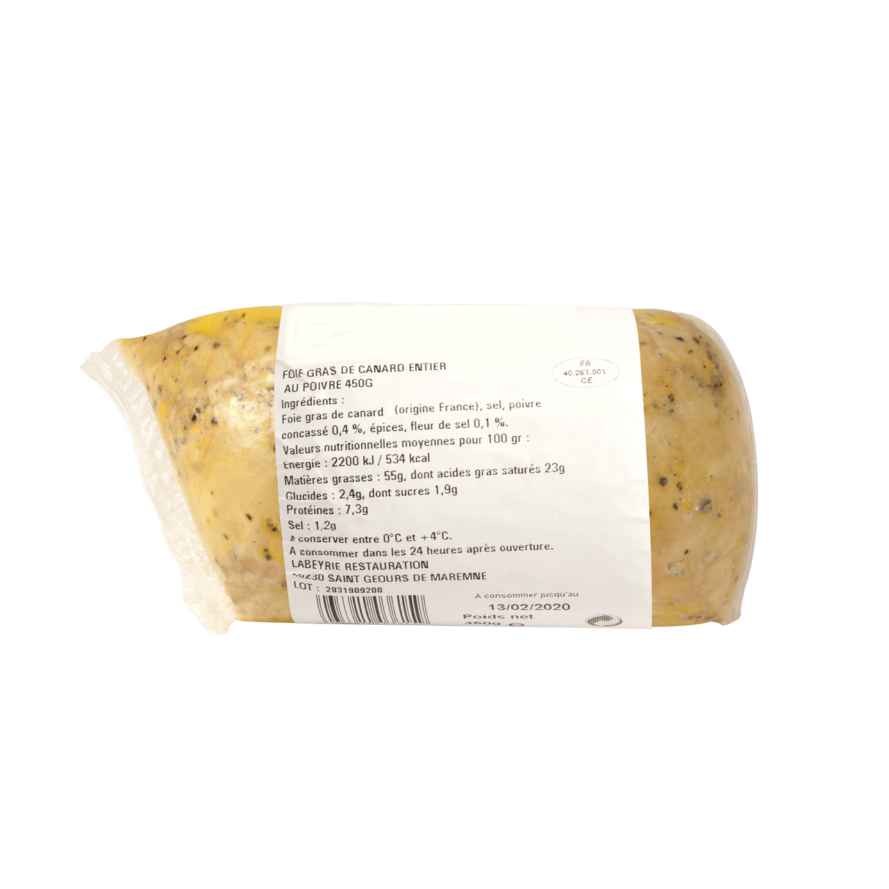 Labeyrie Restauration Foie gras de canard entier du Sud-Ouest au poivre 450 g