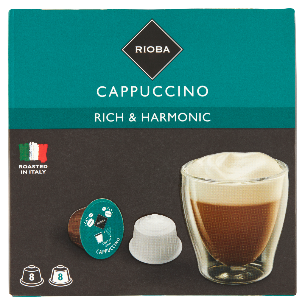 RIOBA Cappuccino Kapszula Őrölt Kávé és Sovány Tejporral, Cukorral 2 x 8 db 192 g