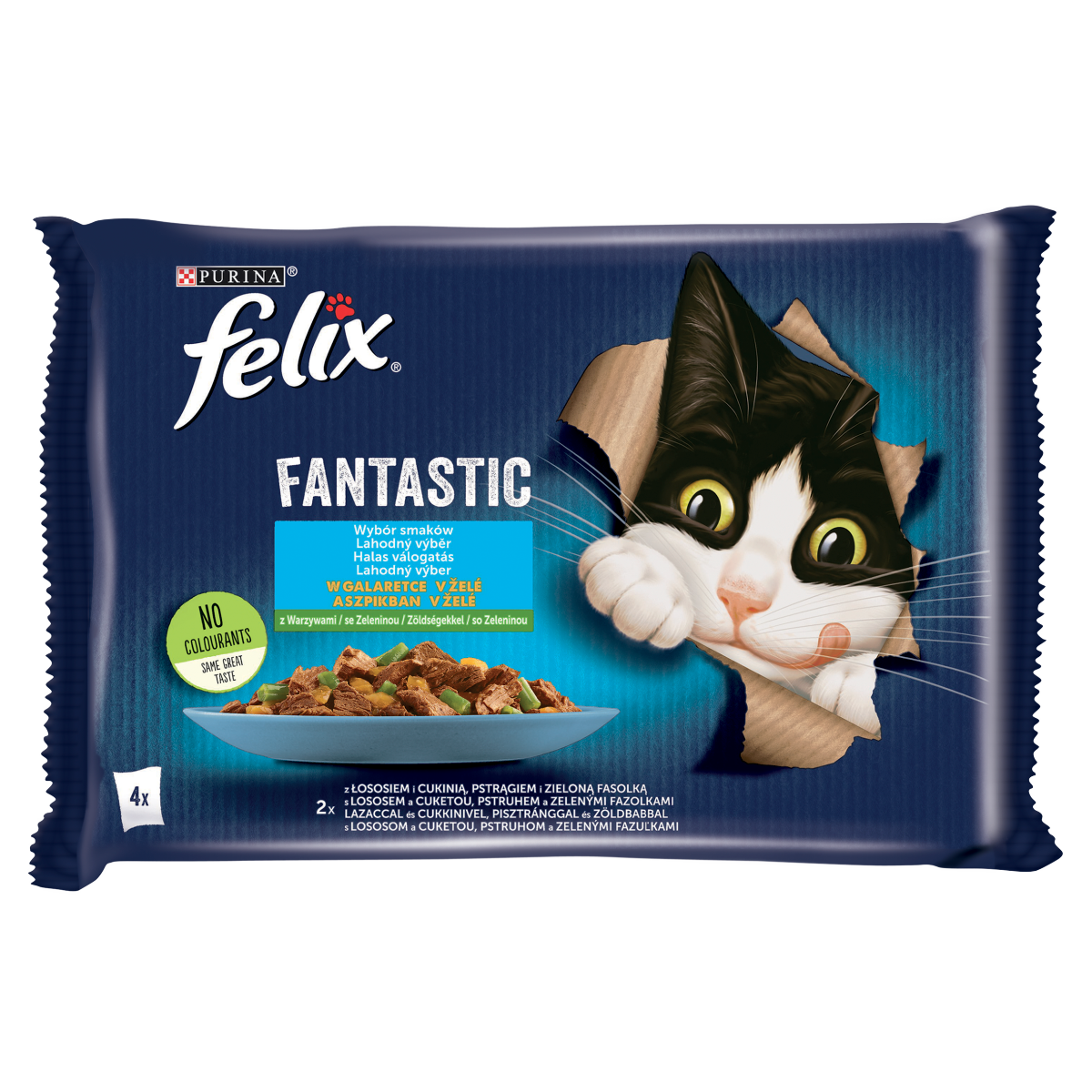 felix Purina Fantastic lazaccal, cukkinivel/pisztránggal, zöldbabbal aszpikban macskaeledel 4 x 85 g