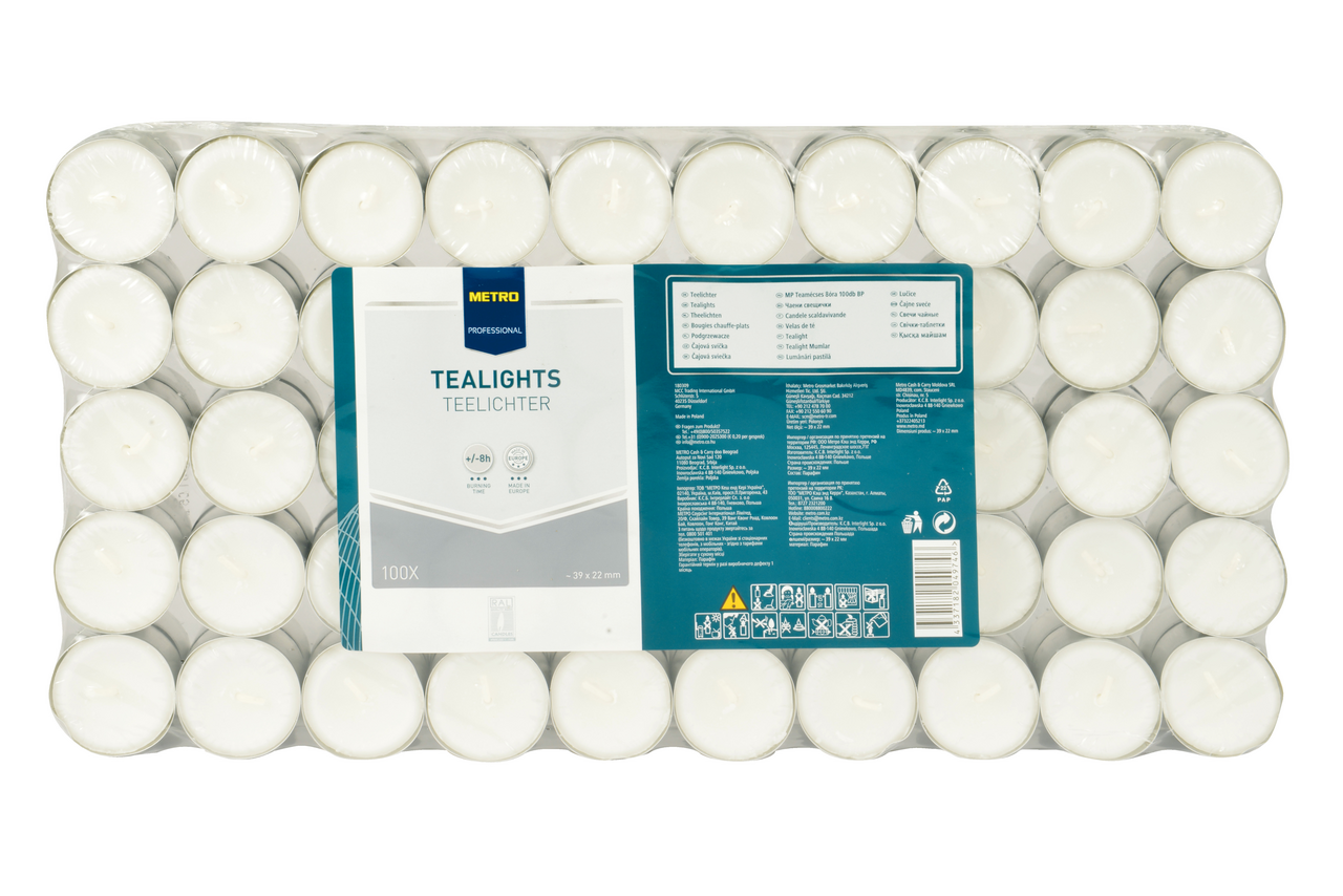 39 x 22 mm Candele tealights Professionali 100 Pezzi Metro 