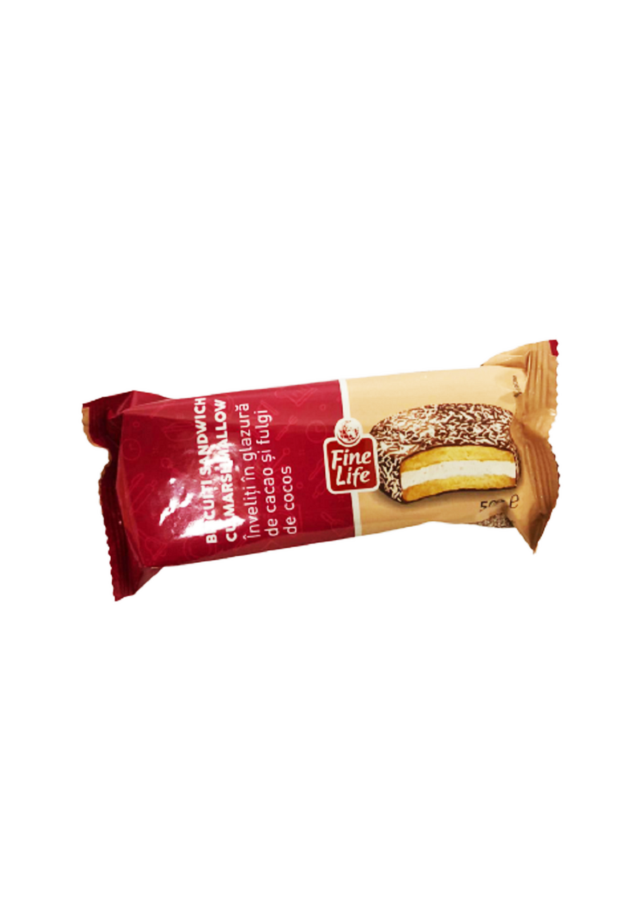 Fine Life Biscuiti sandwich cu marshmallow in glazura de cacao si fulgi de cocos 50g