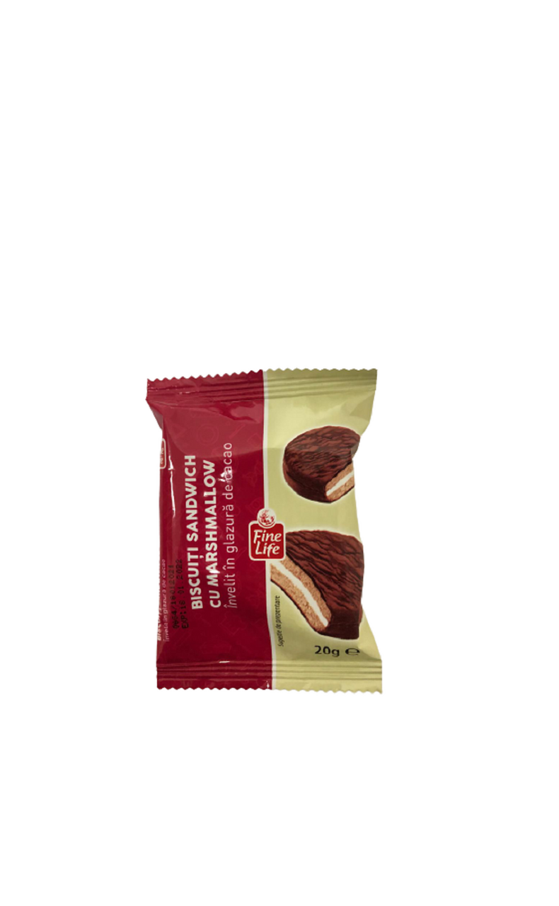 Fine Life Biscuiti Sandwich cu Marshmallow in glazura de Cacao 20g