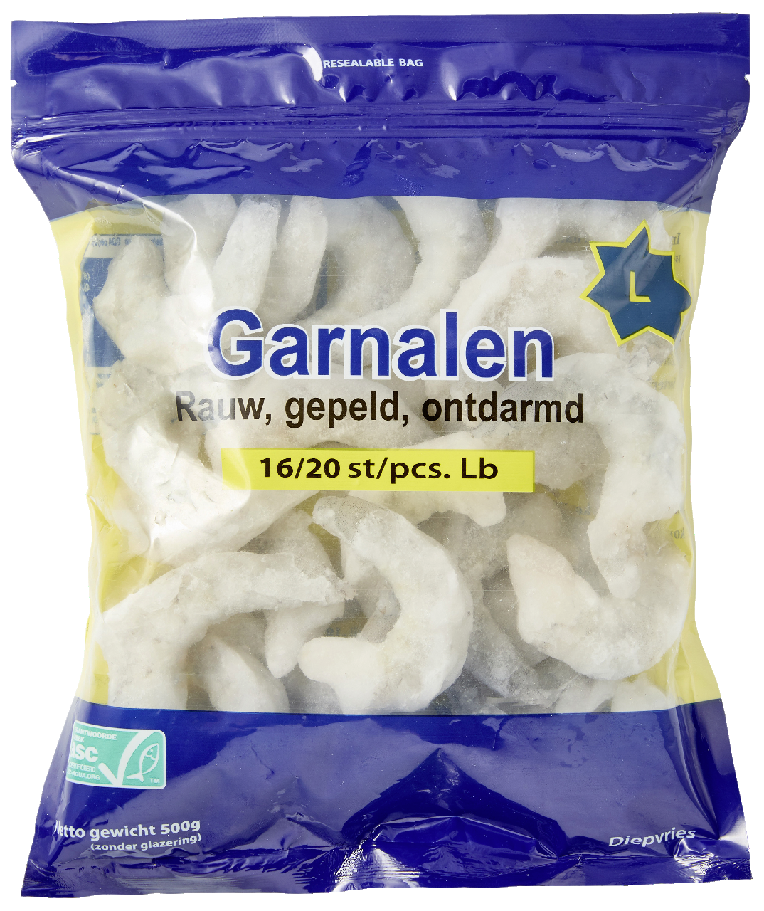 Garnalen Rauw Gepeld Ontdarmd diepvries 16/20 500 g