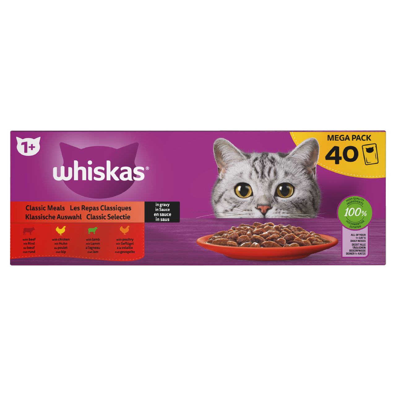 WHISKAS 1+ - Classic Kattenvoer natvoer Selectie in saus Maaltijdzakjes 40 x 85 g