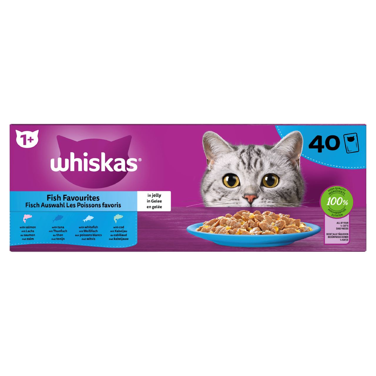WHISKAS 1+ Kattenvoer Natvoer Vis Selectie in gelei maaltijdzakjes 40 x 85 g