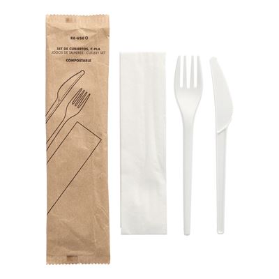 Kit Descartável Papstar PLA Faca, Garfo e Guardanapo 50 Unidades