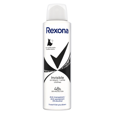 Deodorante - Rexona Black & White Invisible Clear Deodorant Spray Antiperspirant pentru femei, fără alcool, protecție 48H, 150 ml