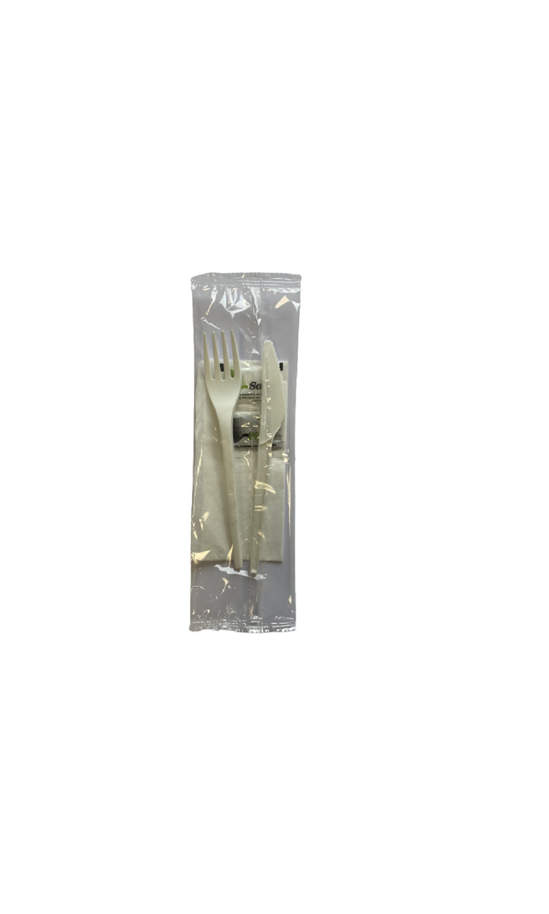 BEST PACKING Tacamuri Biodegradabile Ambalate Individual cu Furculita Cutit si Servetel Inclus 100 bucati
