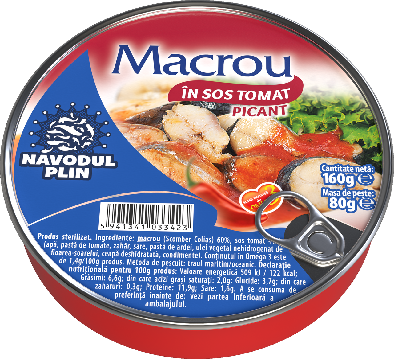 NAVODUL PLIN Macrou in Sos Tomat Picant 160 g