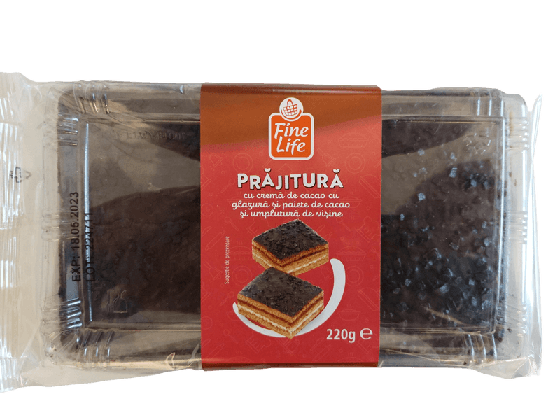 Fine Life Prajitura Crema Cacao cu Glazura si Paiete de Cacao si Umplutura de Visine 220 g