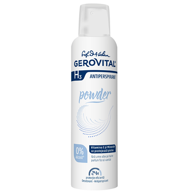 Deodorante - Gerovital H3 Powder Deodorant Antiperspirant Spray pentru femei, fără alcool, protecție 24H, 150 ml