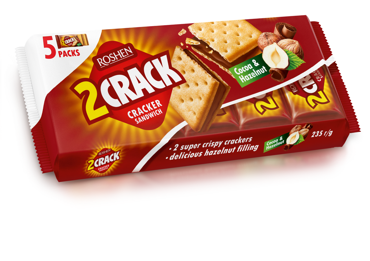 ROSHEN 2 crack Biscuiti Crocanti cu Umplutura de Cacao si Alune 35% 235 g