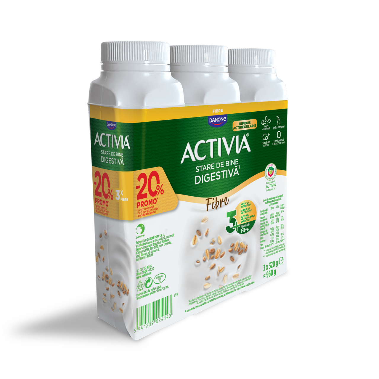 ACTIVIA Iaurt de Baut Fibre 0,8 % Grasime 20% Discount 3 x 320 g
