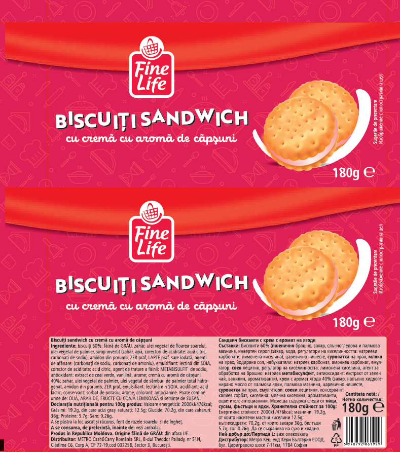 Fine Life Biscuiti Crema Aroma Capsuni 180 g