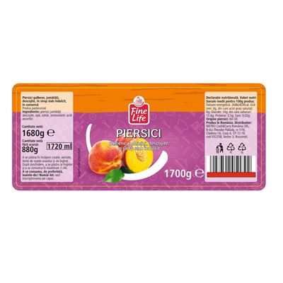 Fine Life Compot Piersici Decojite 1,7 L