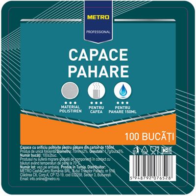METRO PROFESSIONAL 100 Capace cu Orificiu pentru Pahare de Carton 70 mm