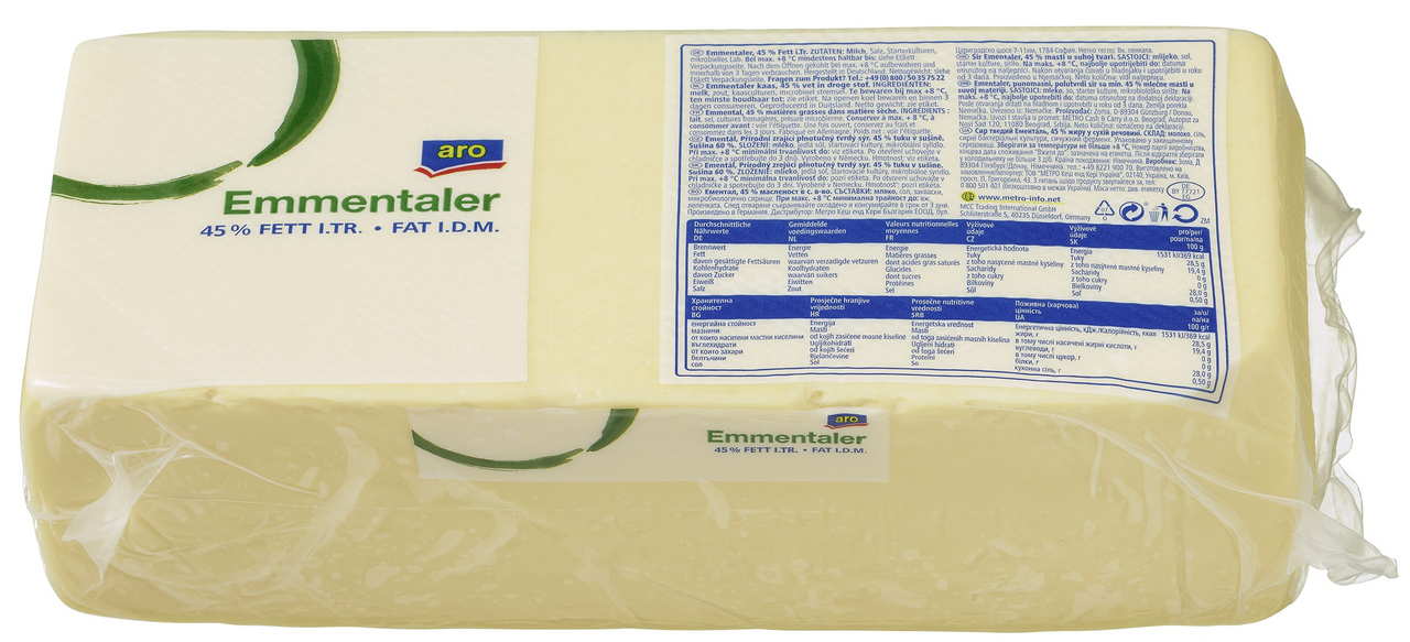 aro Emmentaler tvrdi sir 45% mm, cca 2,5 kg blok
