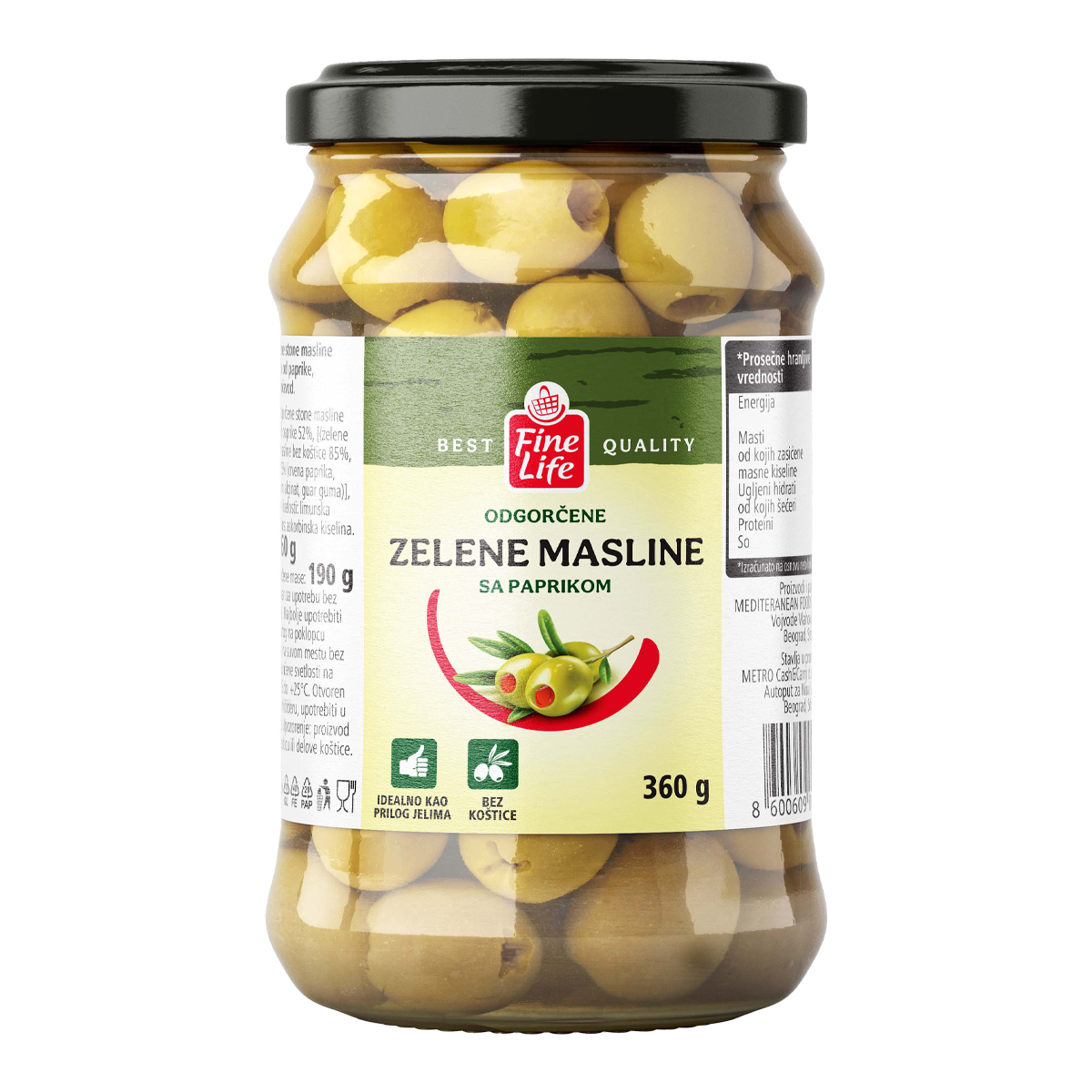 Fine Life Zelene masline paprika 360 g tegla