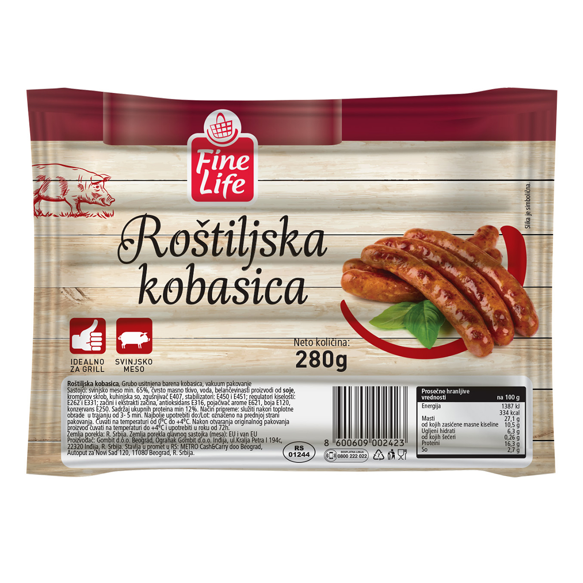 Fine Life Roštiljska kobasica 280 g