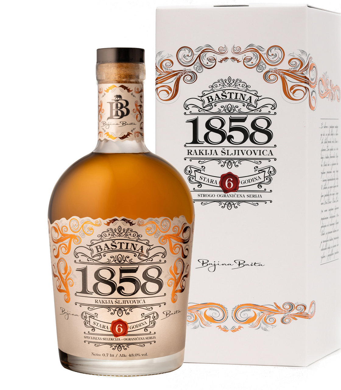 BB Rakija baština 1858 šljivova prepečenica 43% vol 0,7 l, kutija