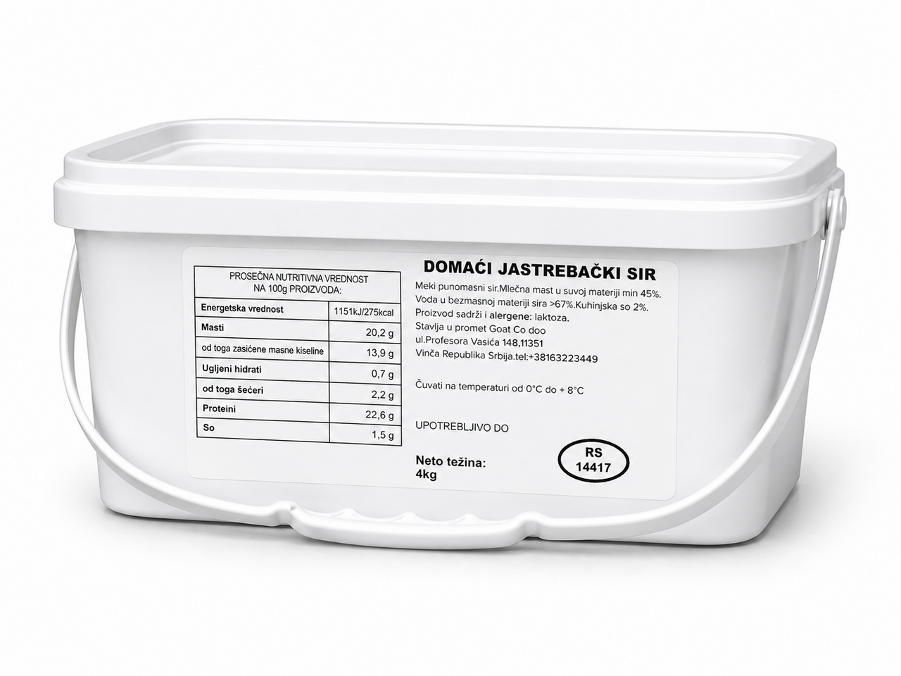 Domaći jastrebački sir meki 45% mm 4 kg, kantica