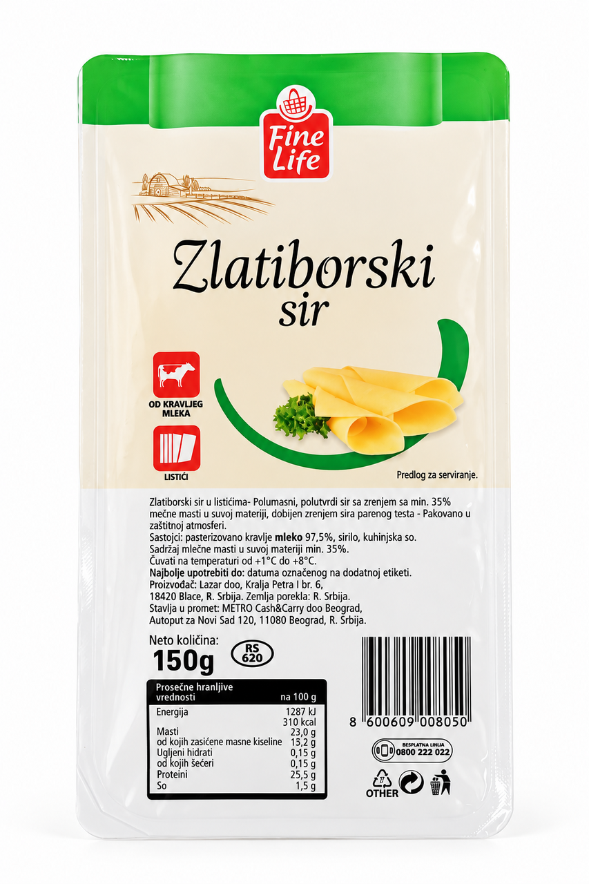 Fine Life Zlatiborski sir, listići 150 g