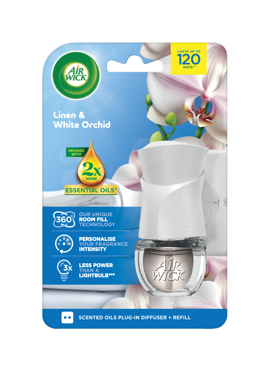 Air Wick Essentials Oils Biela orchidea elektrický strojček + náplň 19 ml