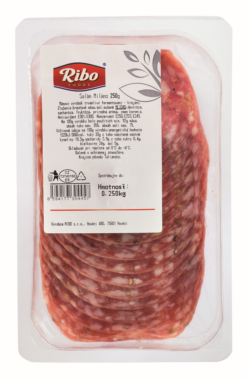 RIBO Saláma Miláno neštandardné plátky chlad. 250 g