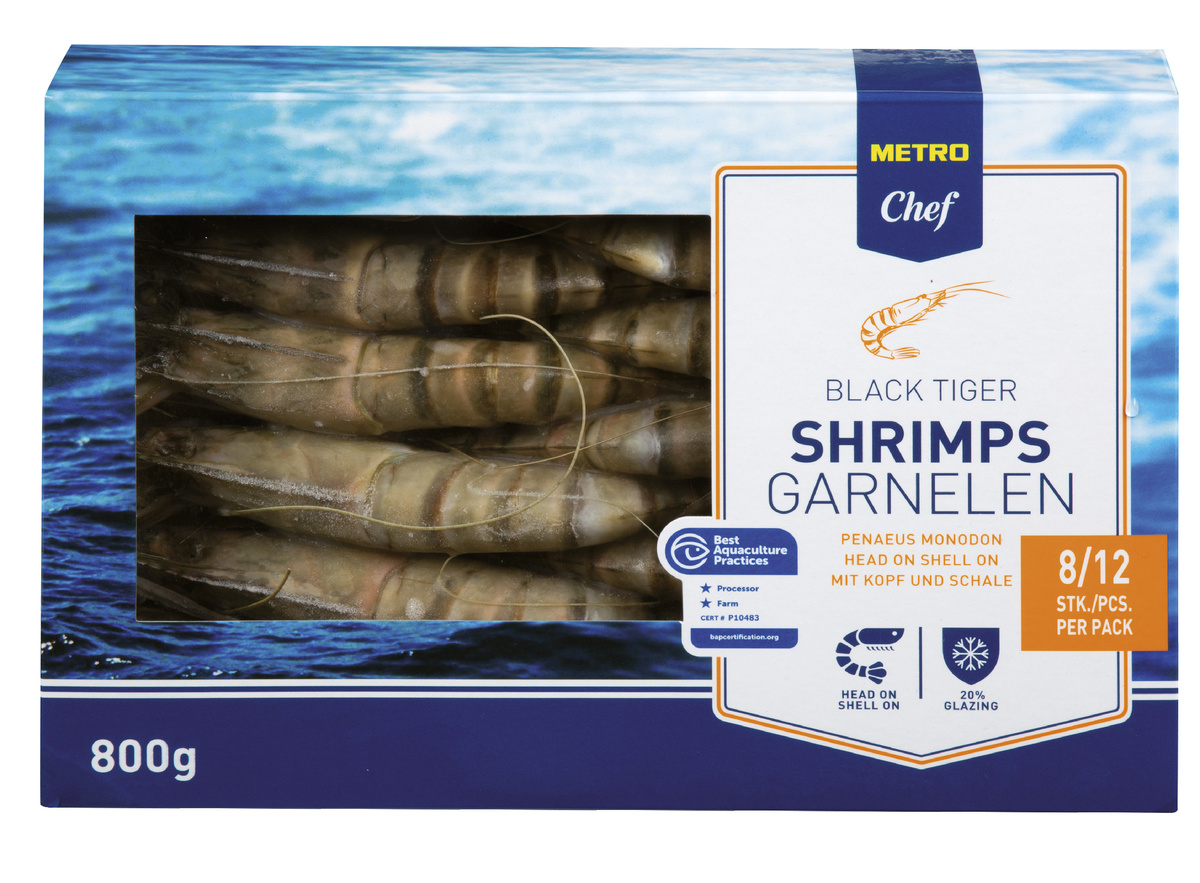 METRO Chef Krevety black tiger surové nelúpané 8/12 mraz. 800 g