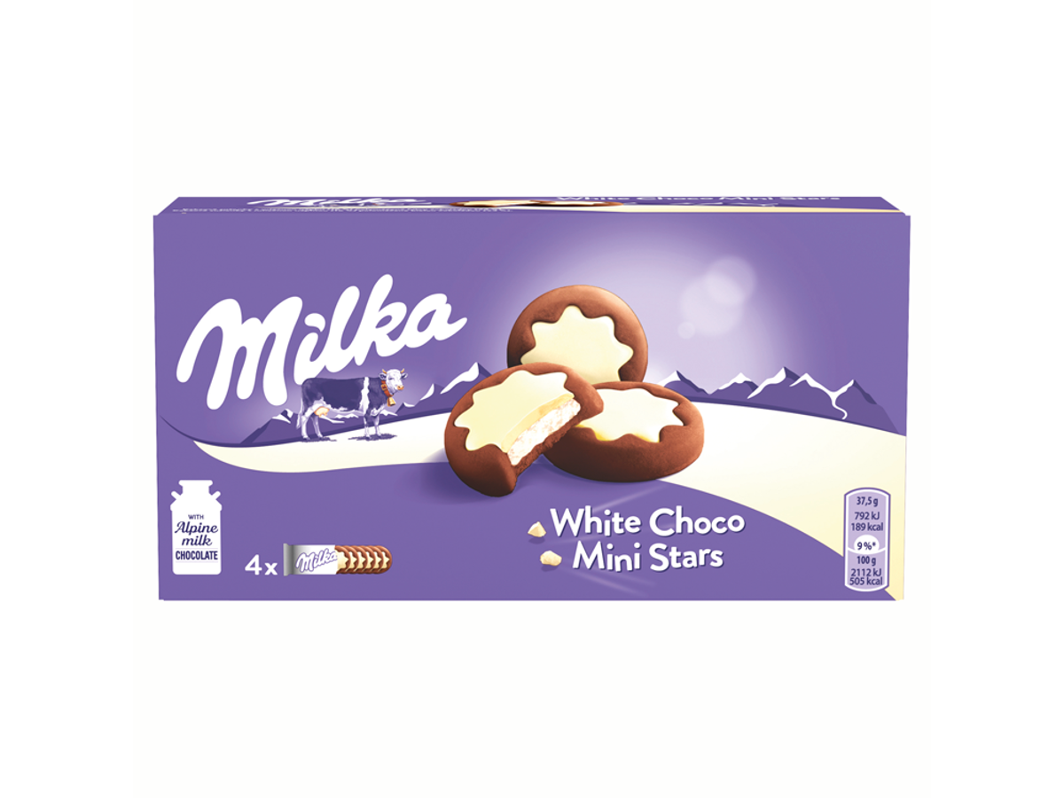 Milka Mini Stars sušienky mliečna náplň a biela čokoláda 150 g