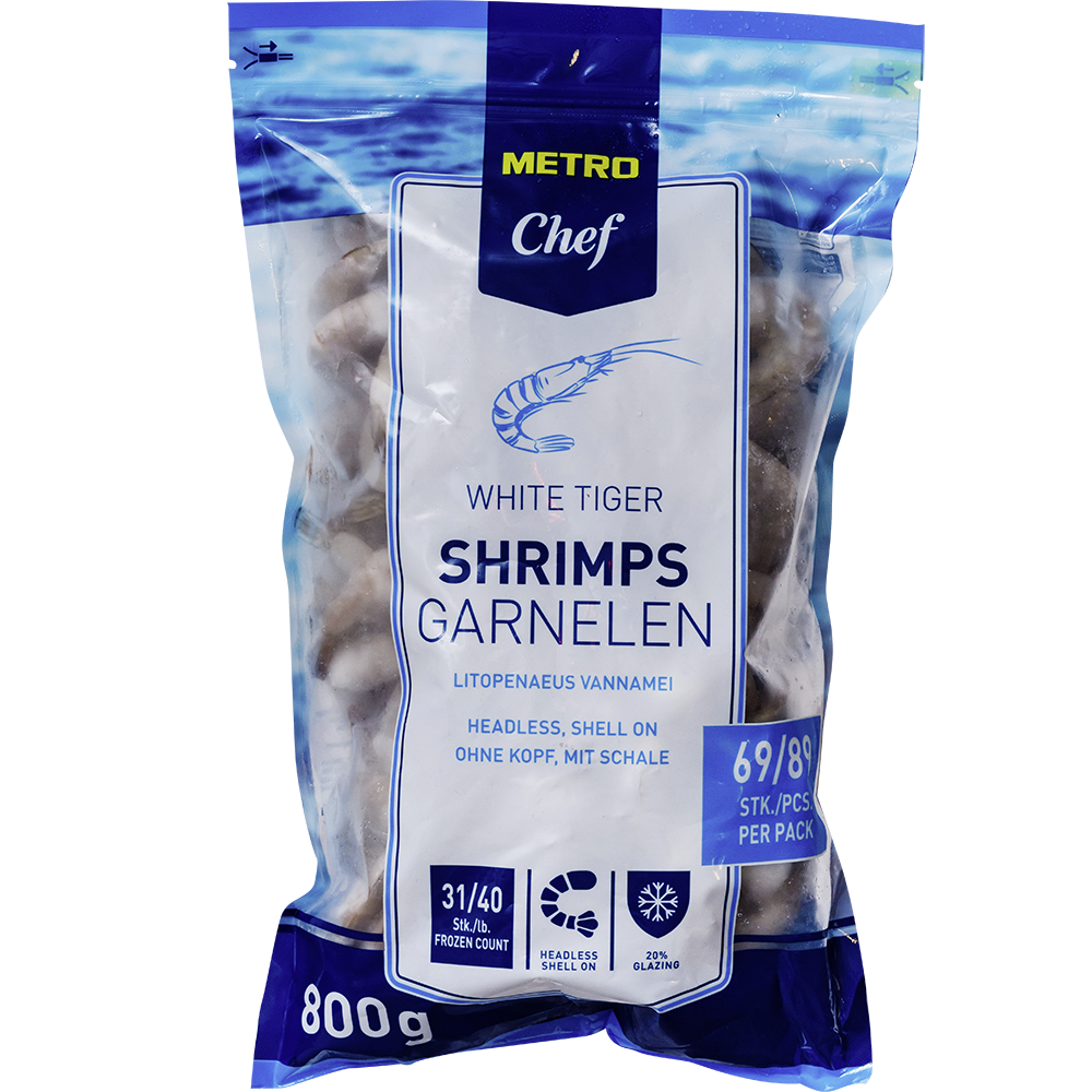 METRO Chef Krevety Vannamei surové bez hlavy 31/40 individuálne rýchle zmraz. mraz. 800 g