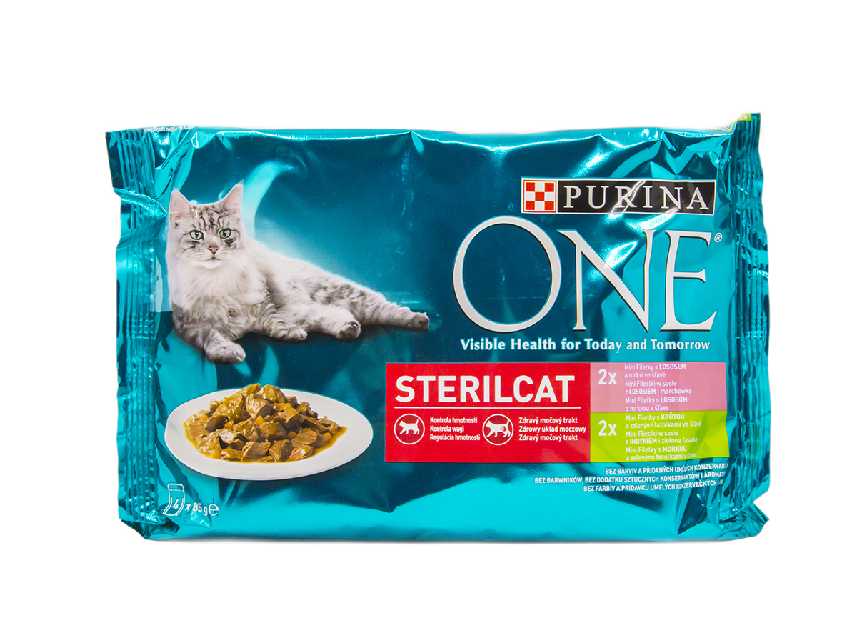 PURINA ONE Sterilcat mini filetky s lososom a morkou kapsičky 4 x 85 g
