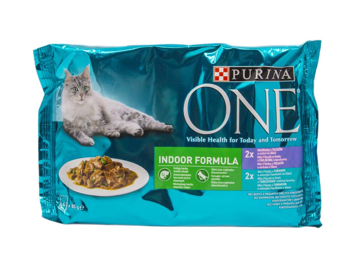 PURINA ONE Indoor formula mini filetky s telacím a tuniakom kapsičky 4 x 85 g