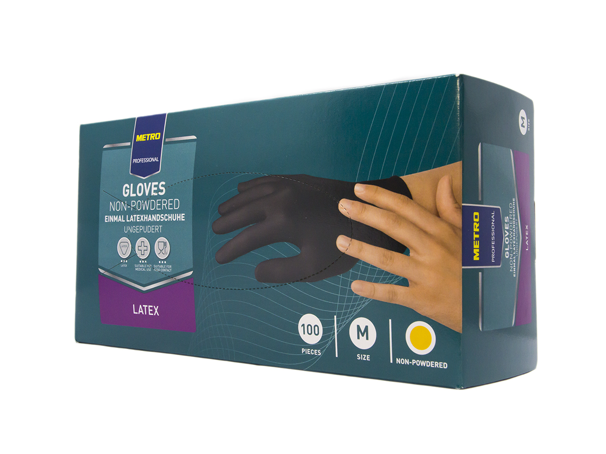 METRO PROFESSIONAL Rukavice latexové nepúdrované čierne veľkosť M 100 ks