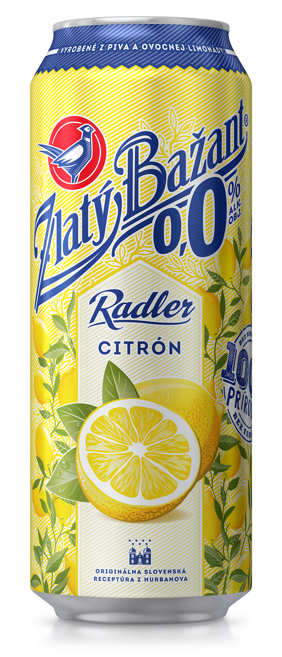 Zlatý Bažant 0,0 % pivo nealkoholické radler citrón 6 x 500 ml vratná plechovka