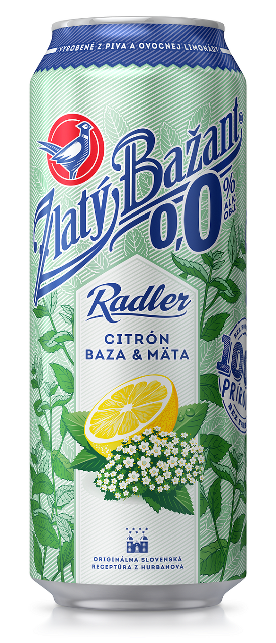 Zlatý Bažant 0,0 % pivo nealkoholické radler citrón, baza a mäta 6 x 500 ml vratná plechovka