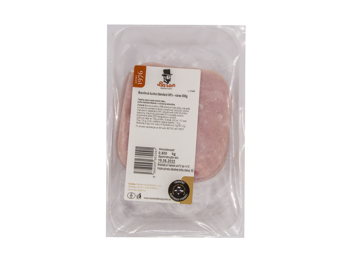 Baron Bravčová šunka 58% plátky ochranná atmosféra chlad. 500 g