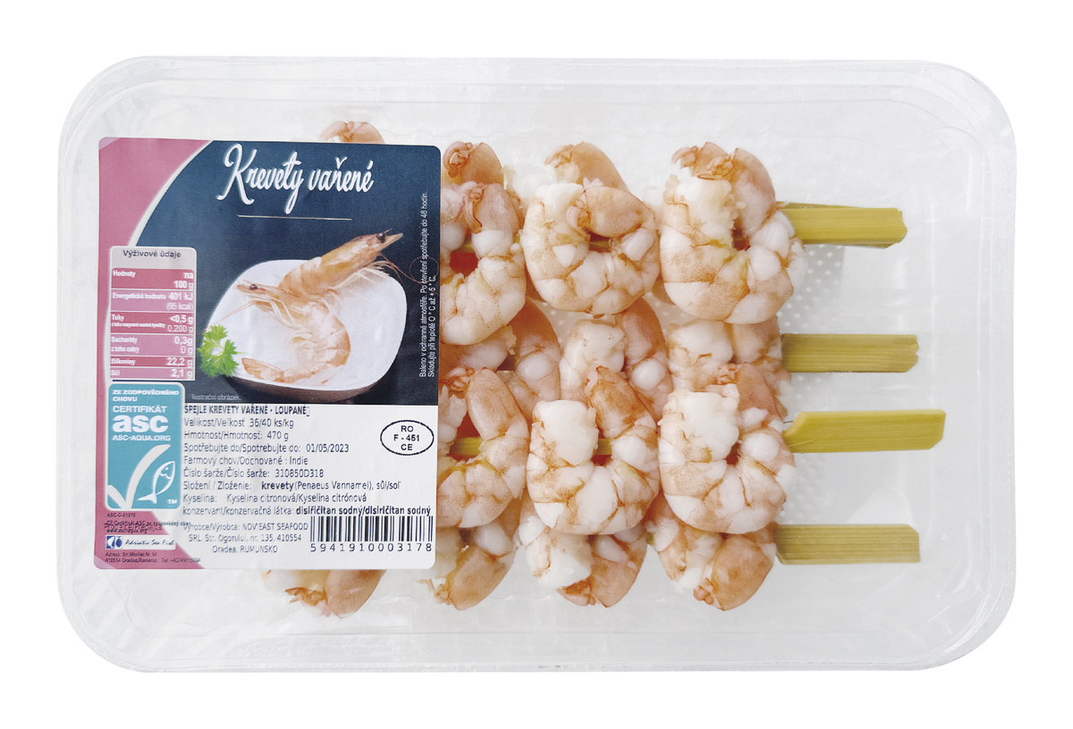 Krevety lúpané na špízoch 36/40 ASC chlad. 195 g