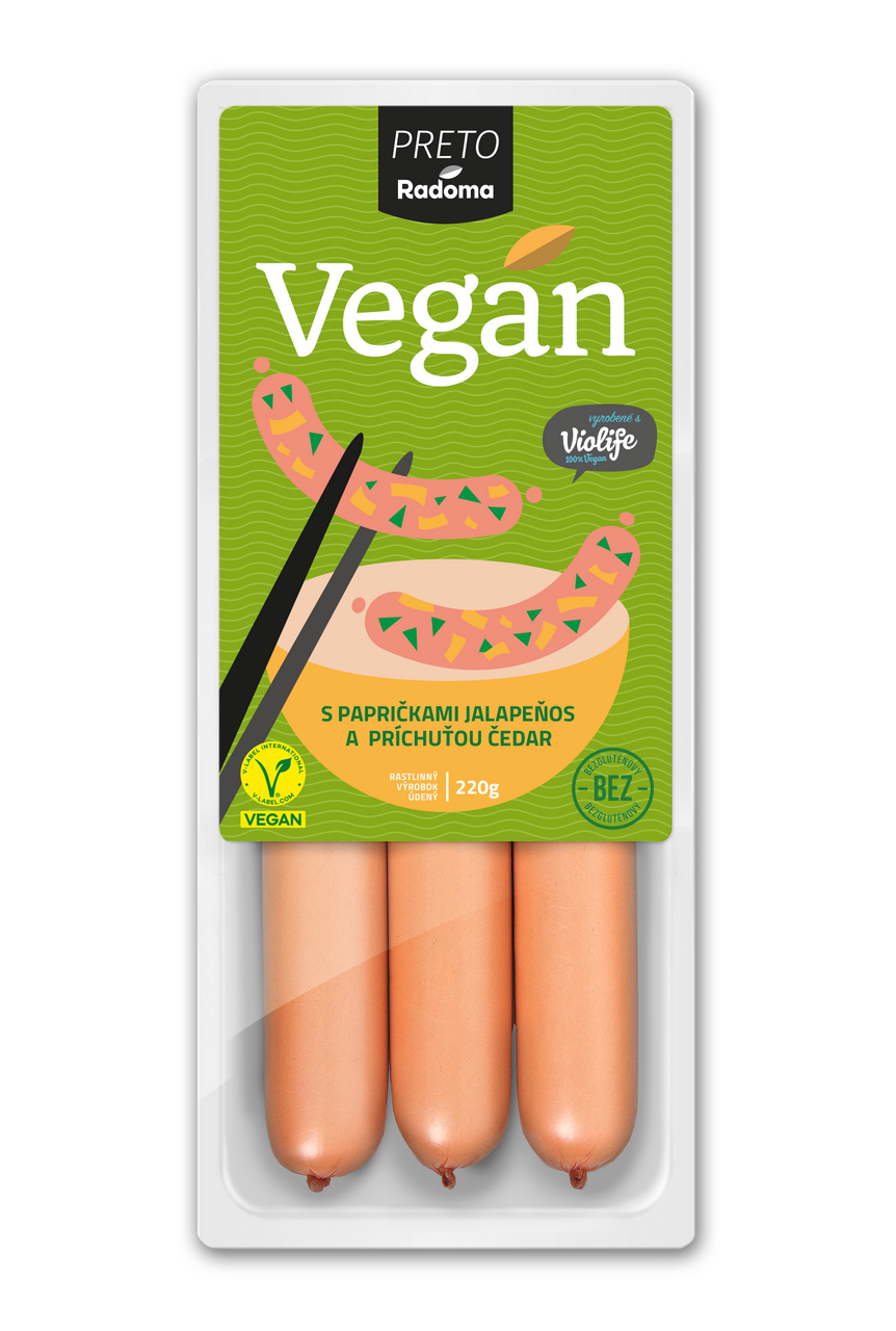 RADOMA Vegan párky s príchuťou jalapeňos a čedar chlad. 220 g