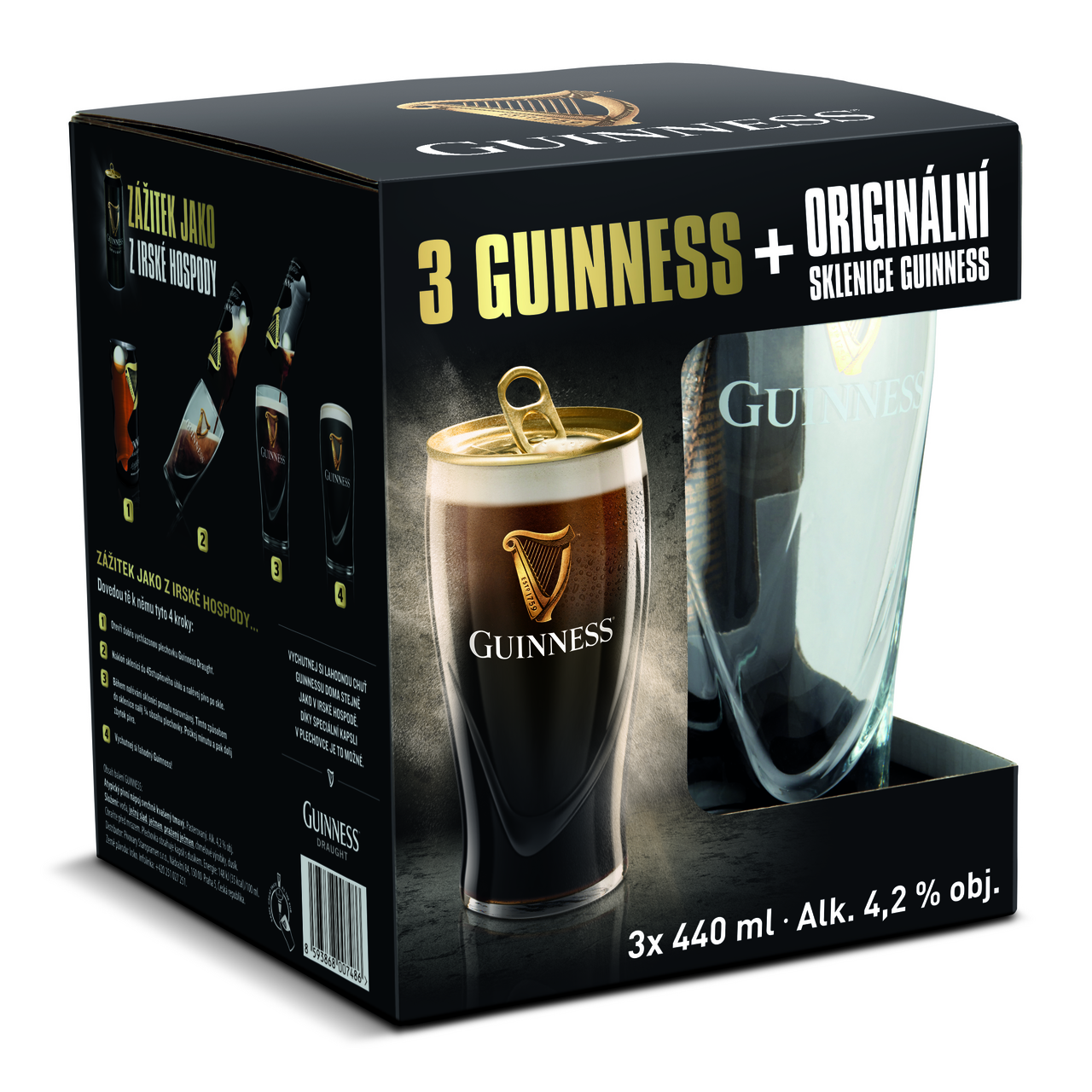 GUINNESS pivo 3 x 440 ml vratná plechovka + pohár 1 ks
