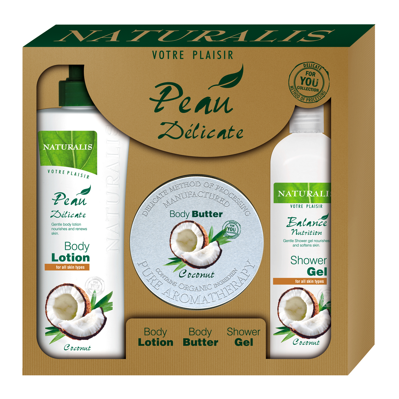 NATURALIS Coconut darčeková sada (telové mlieko + maslo + sprchový gél) kazeta