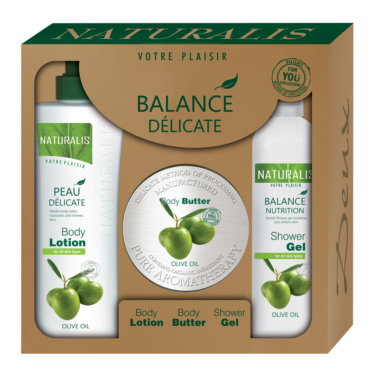 NATURALIS Olive darčeková sada (telové mlieko + maslo + sprchový gél) kazeta