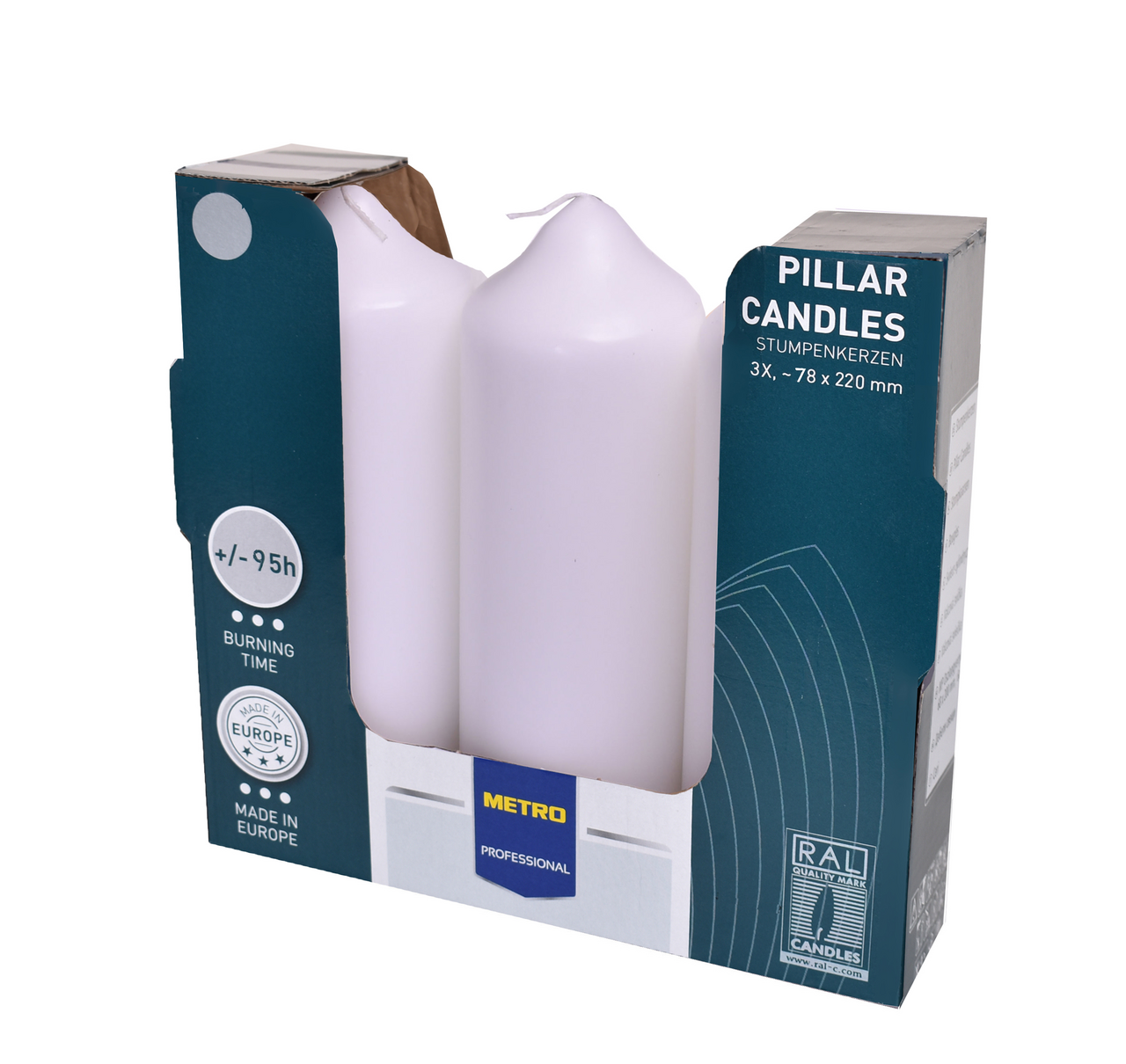 METRO PROFESSIONAL Sviečka 8 x 22 cm biela 3 ks