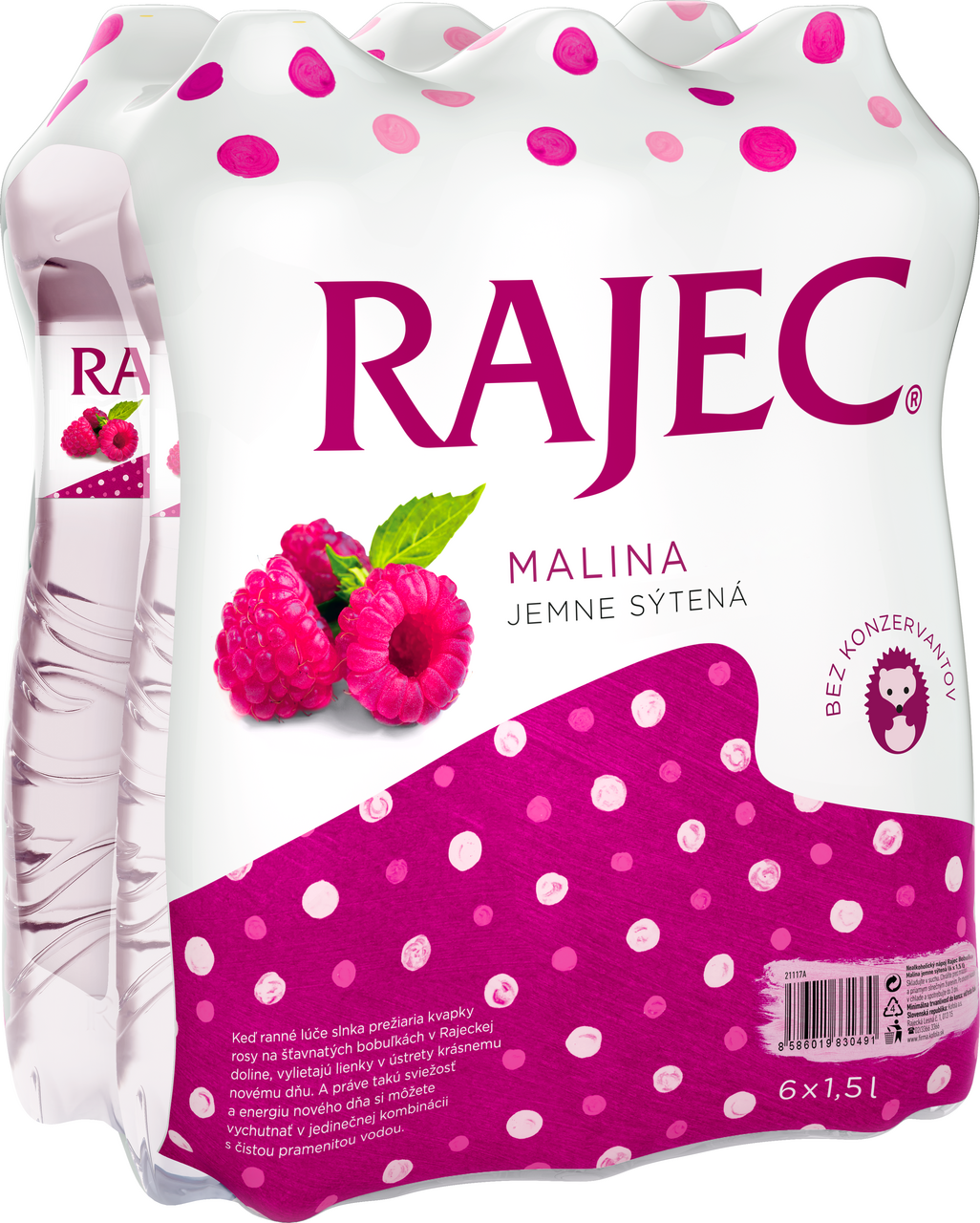 RAJEC Pramenitá voda malina 6 x 1,5 l vratná PET fľaša