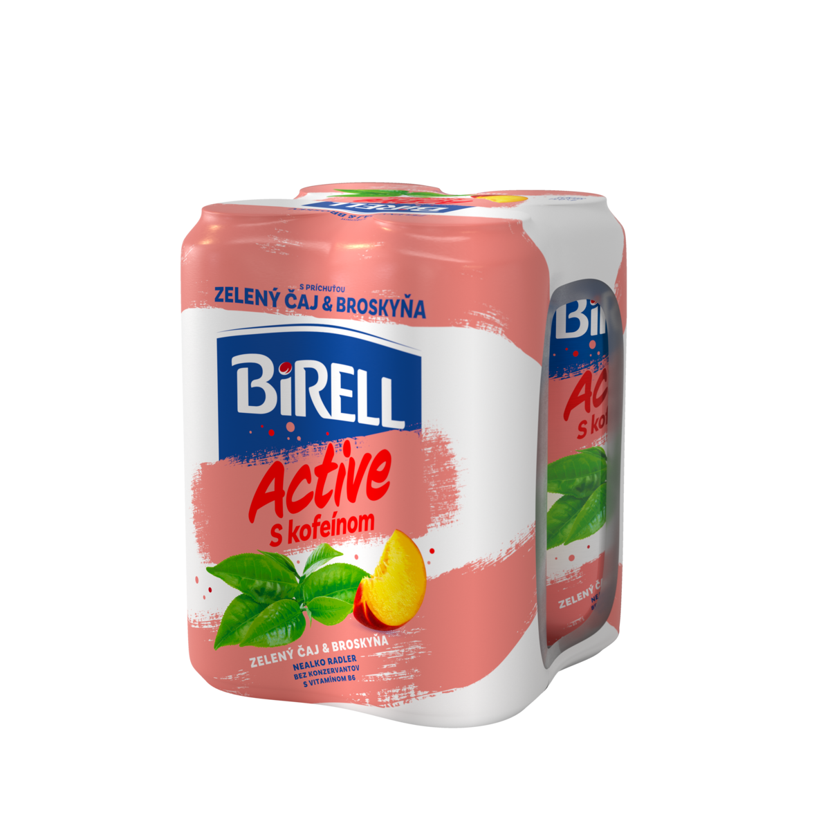 BIRELL Active s kofeínom zelený čaj & broskyňa 4 x 500 ml vratná plechovka