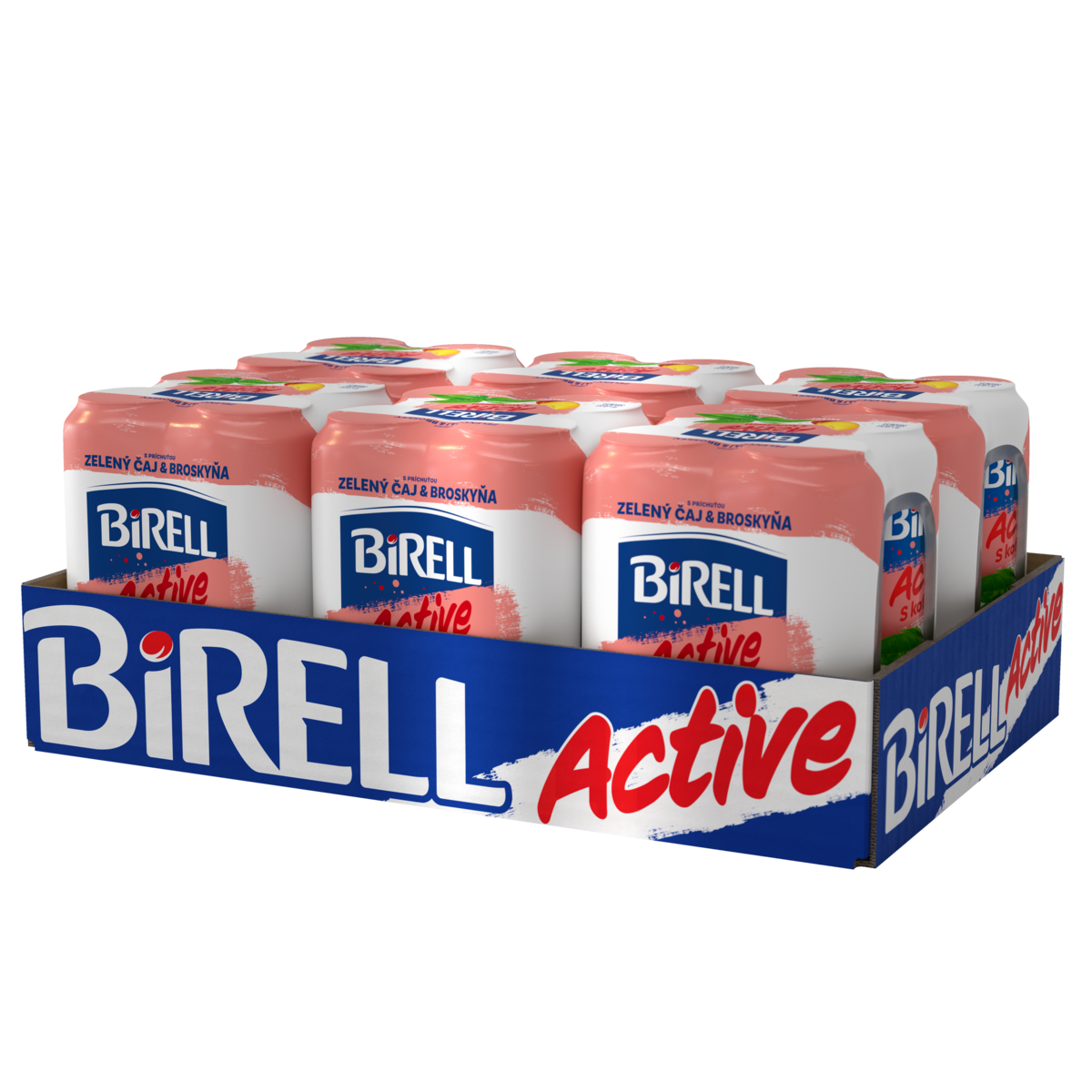 BIRELL Active s kofeínom zelený čaj & broskyňa 24 x 500 ml vratná plechovka