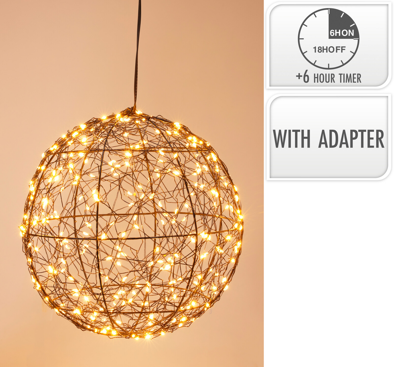 Koopman Guľa LED kovová 300 LED teplá biela 25 cm 1 ks